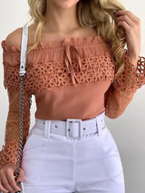 Γυναικείο ρετρο ροζ ώμος κενό δαντέλα κορυφαίο κορυφή