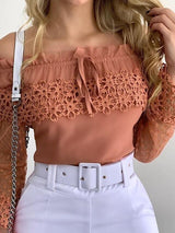 Γυναικείο ρετρο ροζ ώμος κενό δαντέλα κορυφαίο κορυφή