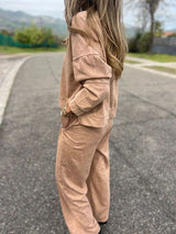 Οι γυναίκες περιστασιακή μόδα Δαντέλα-Up στρογγυλό λαιμό μακρυμάνικο παντελόνι