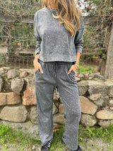 Οι γυναίκες περιστασιακή μόδα Δαντέλα-Up στρογγυλό λαιμό μακρυμάνικο παντελόνι