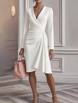 Γυναικείο Retro διασταύρωση V-λαιμό μέση στερεό χρώμα μακριά μανίκι φόρεμα μακριά