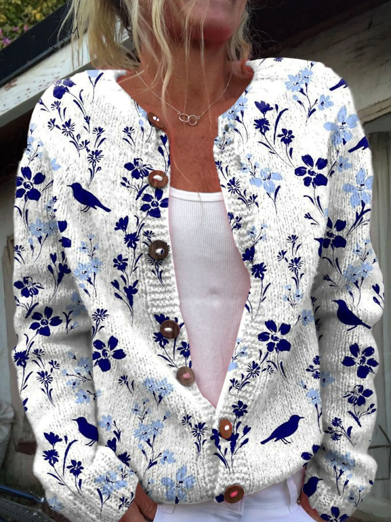 Μίρα – Ρετρό πλεκτή ζακέτα με σχέδιο λουλουδιών και πουλιών
