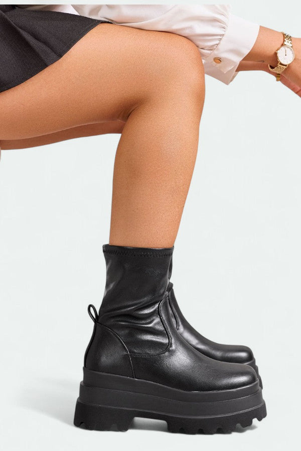 EVELIN - Μαύρα ελαστικά μποτάκια μάχης με chunky πλατφόρμα