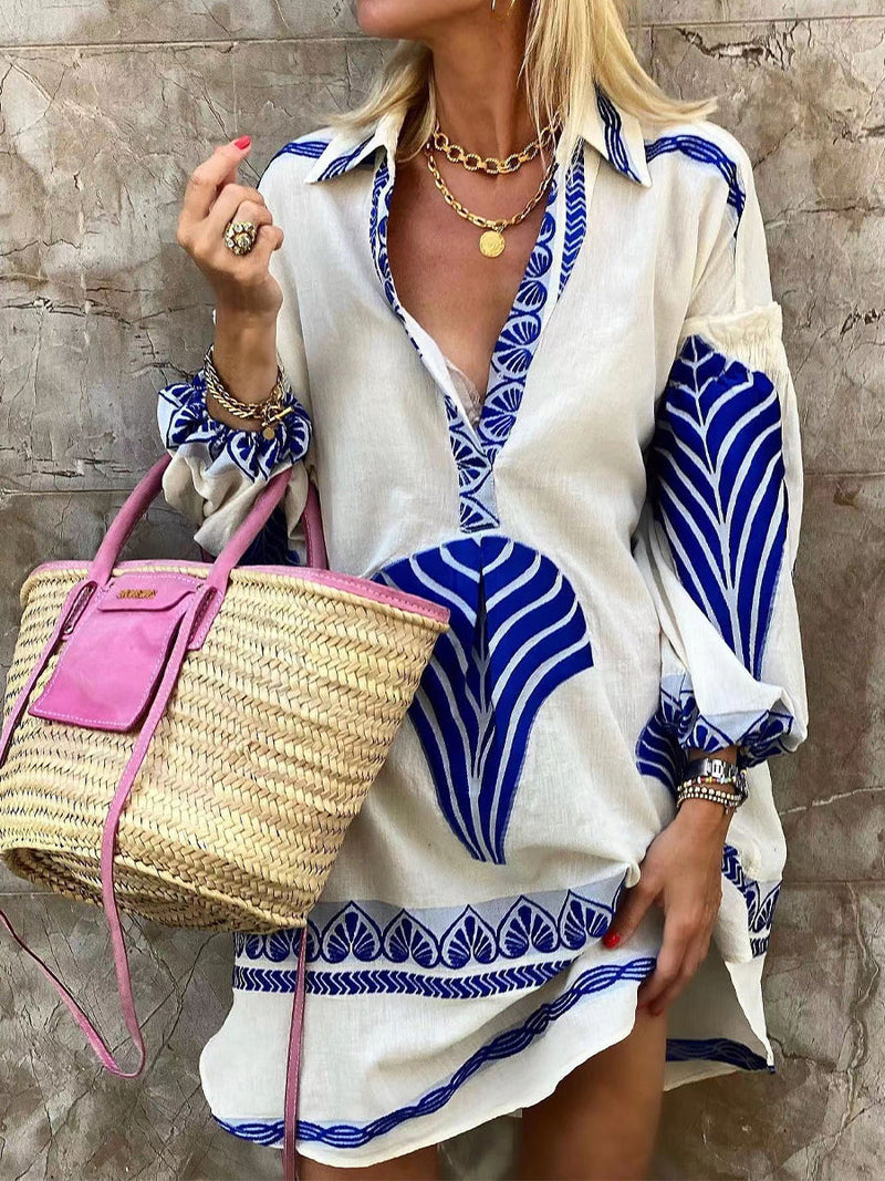 Γυναικείο Εθνικό Εκτύπωση Μακρά μανίκι φόρεμα πουκάμισο