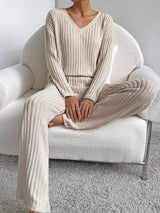 Γυναικείο μόδα V-λαιμό πλεκτά παντελόνια πλεκτά σετ ευθείας πόδις