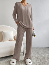 Γυναικείο μόδα V-λαιμό πλεκτά παντελόνια πλεκτά σετ ευθείας πόδις