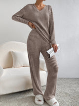 Γυναικείο μόδα V-λαιμό πλεκτά παντελόνια πλεκτά σετ ευθείας πόδις