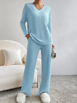 Γυναικείο μόδα V-λαιμό πλεκτά παντελόνια πλεκτά σετ ευθείας πόδις