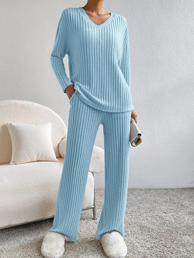 Γυναικείο μόδα V-λαιμό πλεκτά παντελόνια πλεκτά σετ ευθείας πόδις