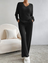 Γυναικείο μόδα V-λαιμό πλεκτά παντελόνια πλεκτά σετ ευθείας πόδις