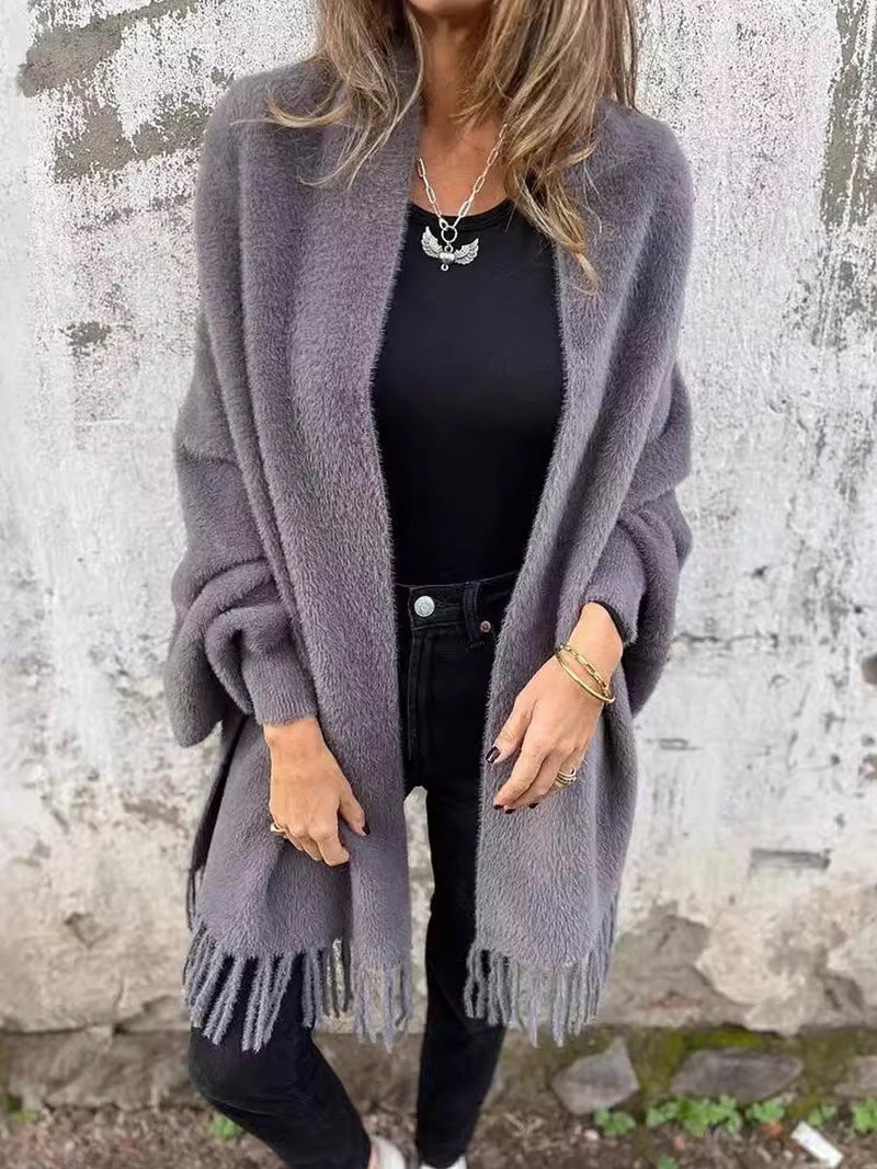 Γυναικεία μοντέρνα περιστασιακό πλεκτό Faux γούνα Fringe Shawl Cardigan