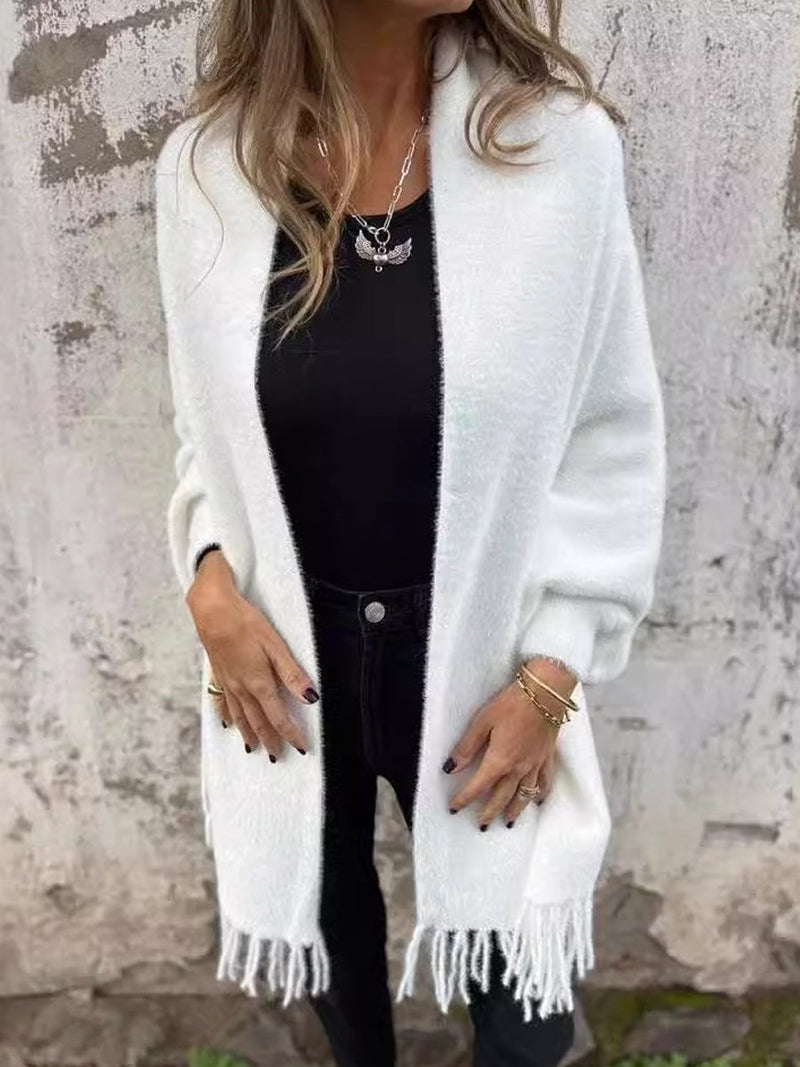 Γυναικεία μοντέρνα περιστασιακό πλεκτό Faux γούνα Fringe Shawl Cardigan