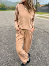 Οι γυναίκες περιστασιακή μόδα Δαντέλα-Up στρογγυλό λαιμό μακρυμάνικο παντελόνι