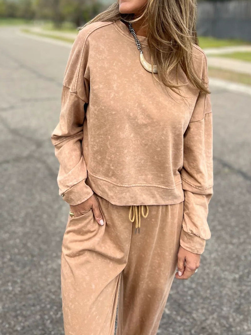 Οι γυναίκες περιστασιακή μόδα Δαντέλα-Up στρογγυλό λαιμό μακρυμάνικο παντελόνι