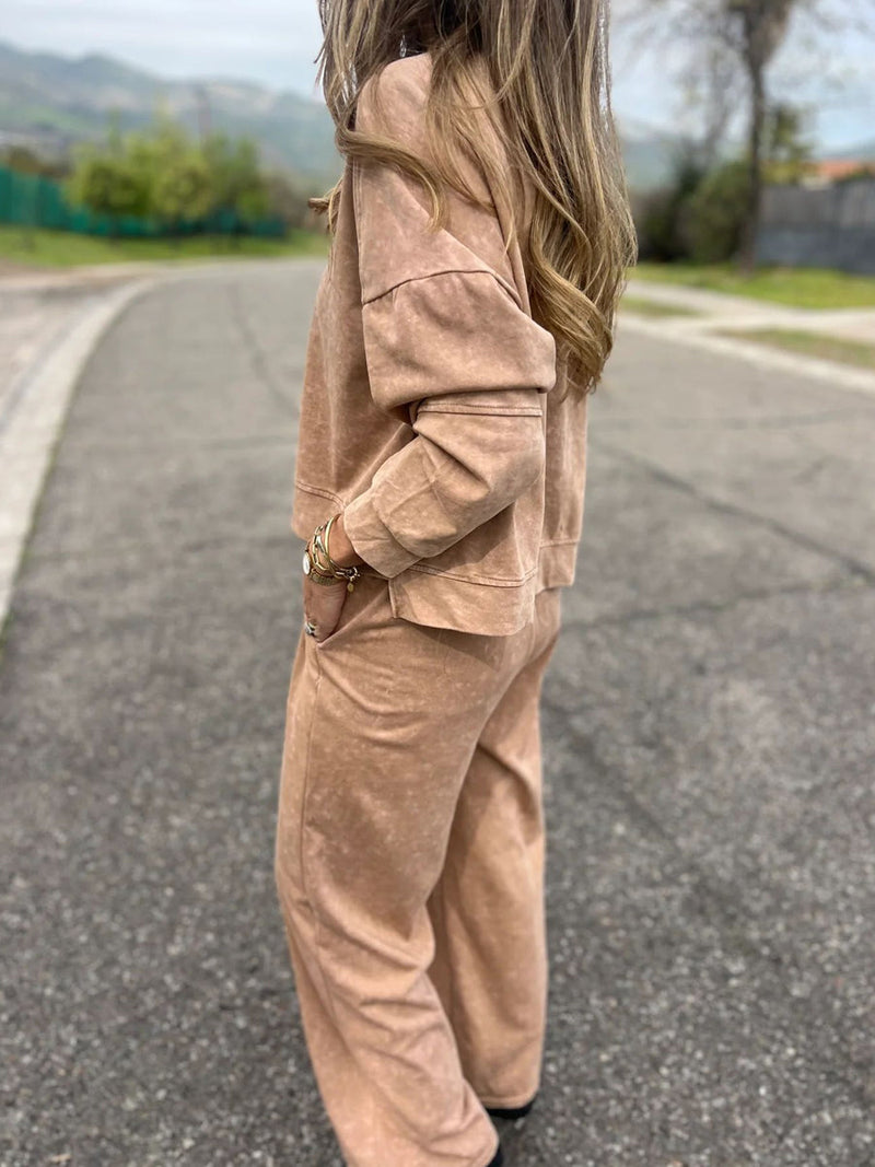 Οι γυναίκες περιστασιακή μόδα Δαντέλα-Up στρογγυλό λαιμό μακρυμάνικο παντελόνι