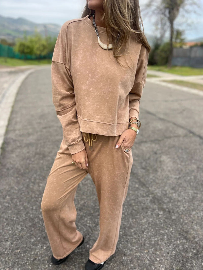 Οι γυναίκες περιστασιακή μόδα Δαντέλα-Up στρογγυλό λαιμό μακρυμάνικο παντελόνι