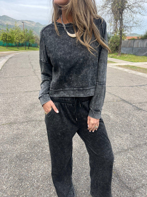 Οι γυναίκες περιστασιακή μόδα Δαντέλα-Up στρογγυλό λαιμό μακρυμάνικο παντελόνι