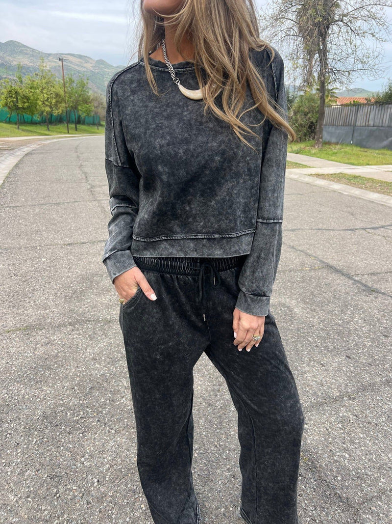 Οι γυναίκες περιστασιακή μόδα Δαντέλα-Up στρογγυλό λαιμό μακρυμάνικο παντελόνι