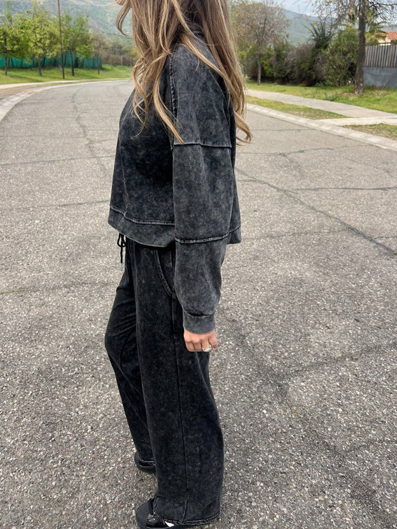 Οι γυναίκες περιστασιακή μόδα Δαντέλα-Up στρογγυλό λαιμό μακρυμάνικο παντελόνι