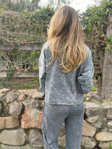 Οι γυναίκες περιστασιακή μόδα Δαντέλα-Up στρογγυλό λαιμό μακρυμάνικο παντελόνι