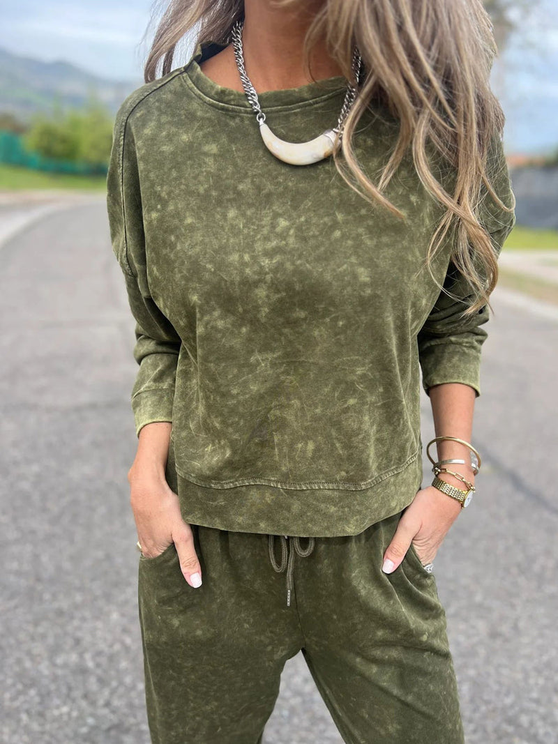 Οι γυναίκες περιστασιακή μόδα Δαντέλα-Up στρογγυλό λαιμό μακρυμάνικο παντελόνι