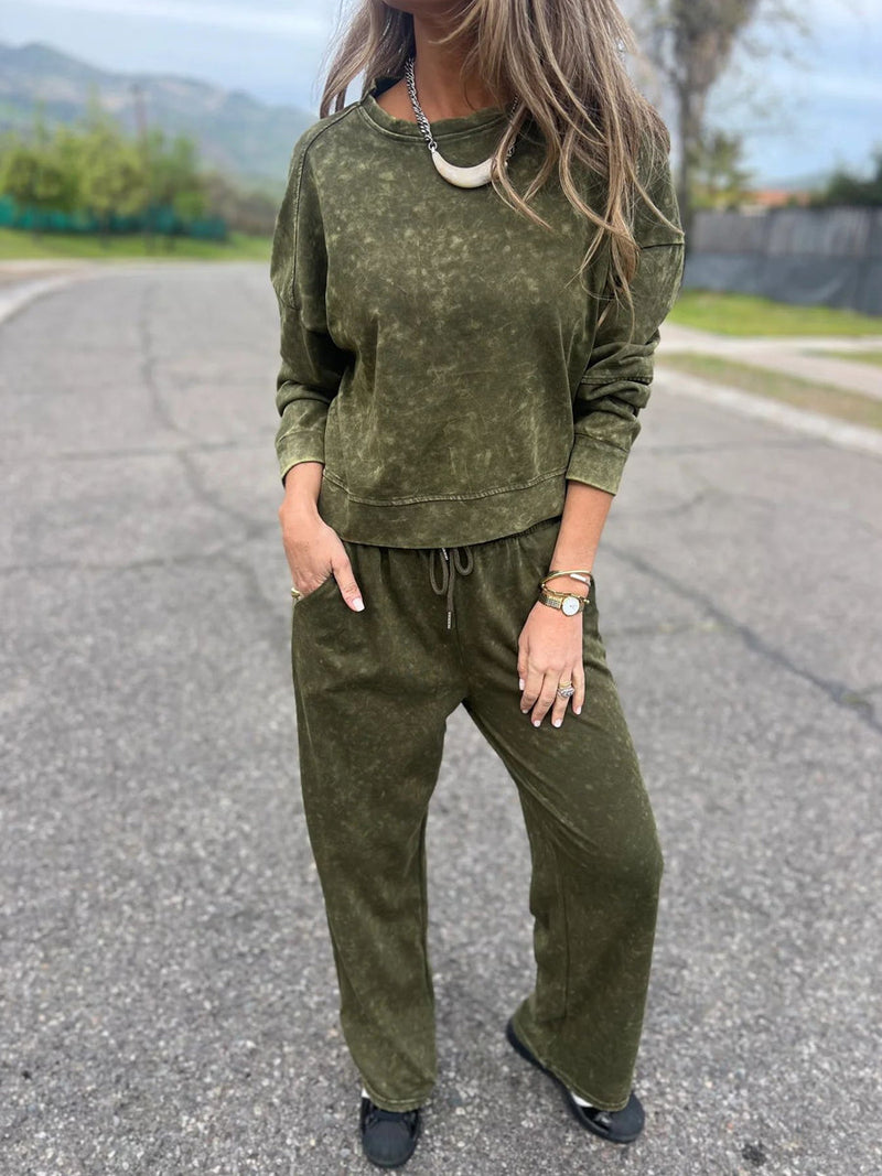 Οι γυναίκες περιστασιακή μόδα Δαντέλα-Up στρογγυλό λαιμό μακρυμάνικο παντελόνι