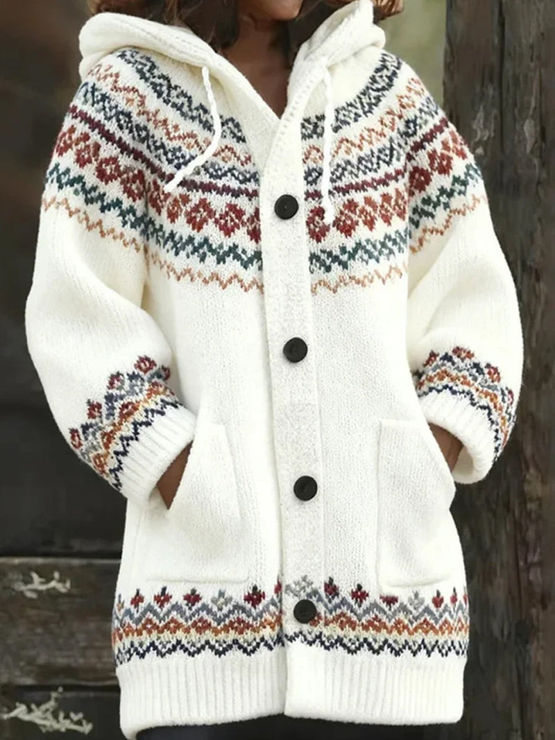 Women's Retro Christmas Art Print Casual Midi Hooded Cardigan
